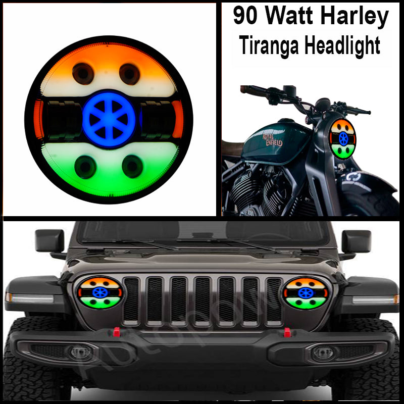 7 Inch Tri Colour Round LED Harley Headlight Fits in Royal Enfield, Thar (12V-80V 90W) (Tiranga) - bikerkart.com