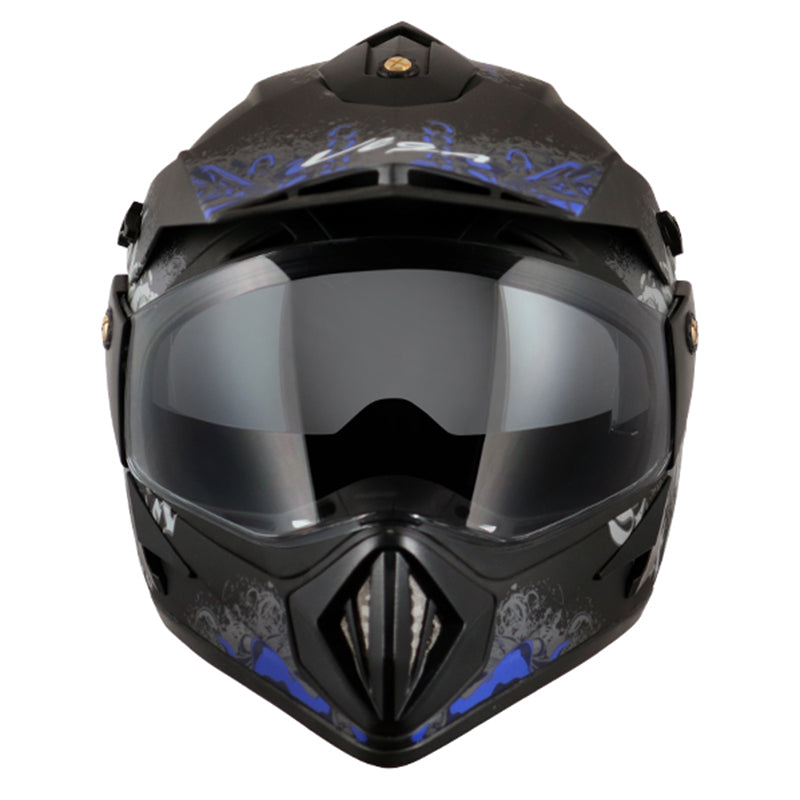 Vega Off Road D/V Gangster Dull Black Blue Helmet - bikerkart.com