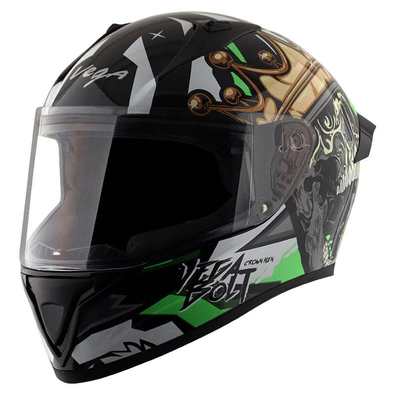 crown motorcycle helmets Vega Bolt Crown Men Black Neon Green Helmet