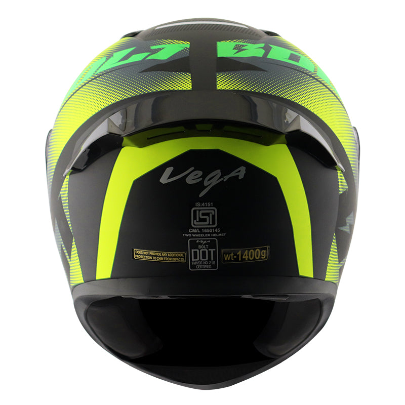 Vega Bolt Macho Dull Black Neon Yellow Helmet - bikerkart.com