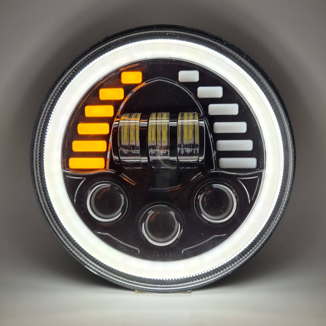 HJG New Indicator Harley Headlight 7Inch Round Led Headlight Fits in Royal Enfield All Models, Mahindra Thar - bikerkart.com