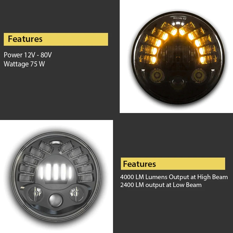 7 Inch Round Headlight with Turn Signal Indicator & Hi/Low Beam for Bullet, Mahindra Thar - bikerkart.com