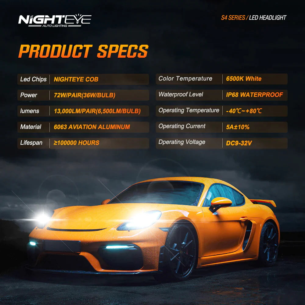 Original Nighteye A315 S4 NEW MODEL 2024 H4 LED Headlight Bulb H4 (Set of 2) For All Motorcycles (Low and High Beam Bulbs (White) 13000 LM 3 Side Chip) - Type H4