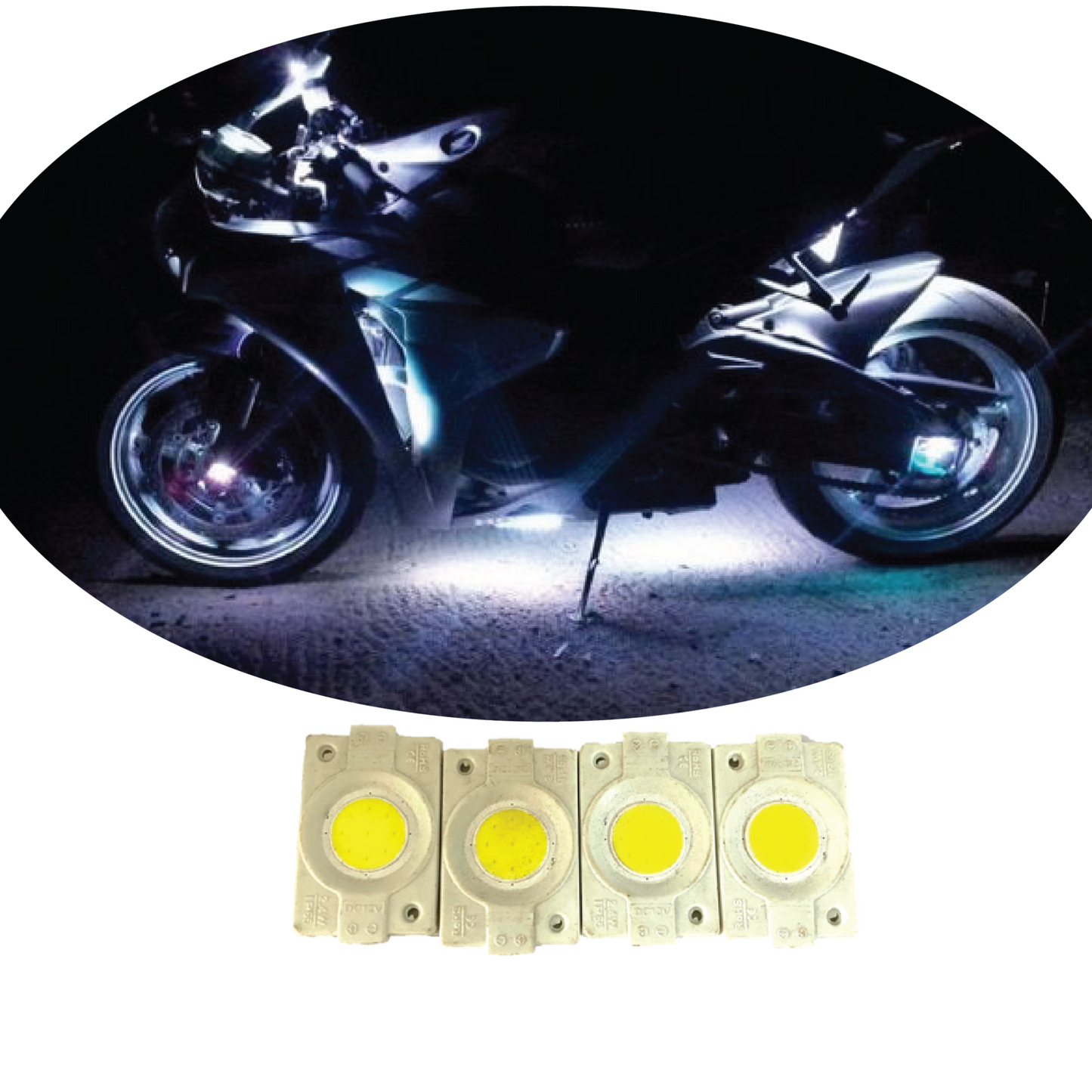 hjg Sunny Day WHITE IMPORTED Underglow PATCH LIGHTS (Front/Rear , Bike Body Lights) - PACK OF 4 - IP65 WATERPROOF DUSTPROOF SHOCKPROOF - Universal Decorative Light for all Motorbike, Car LED - bikerkart.com