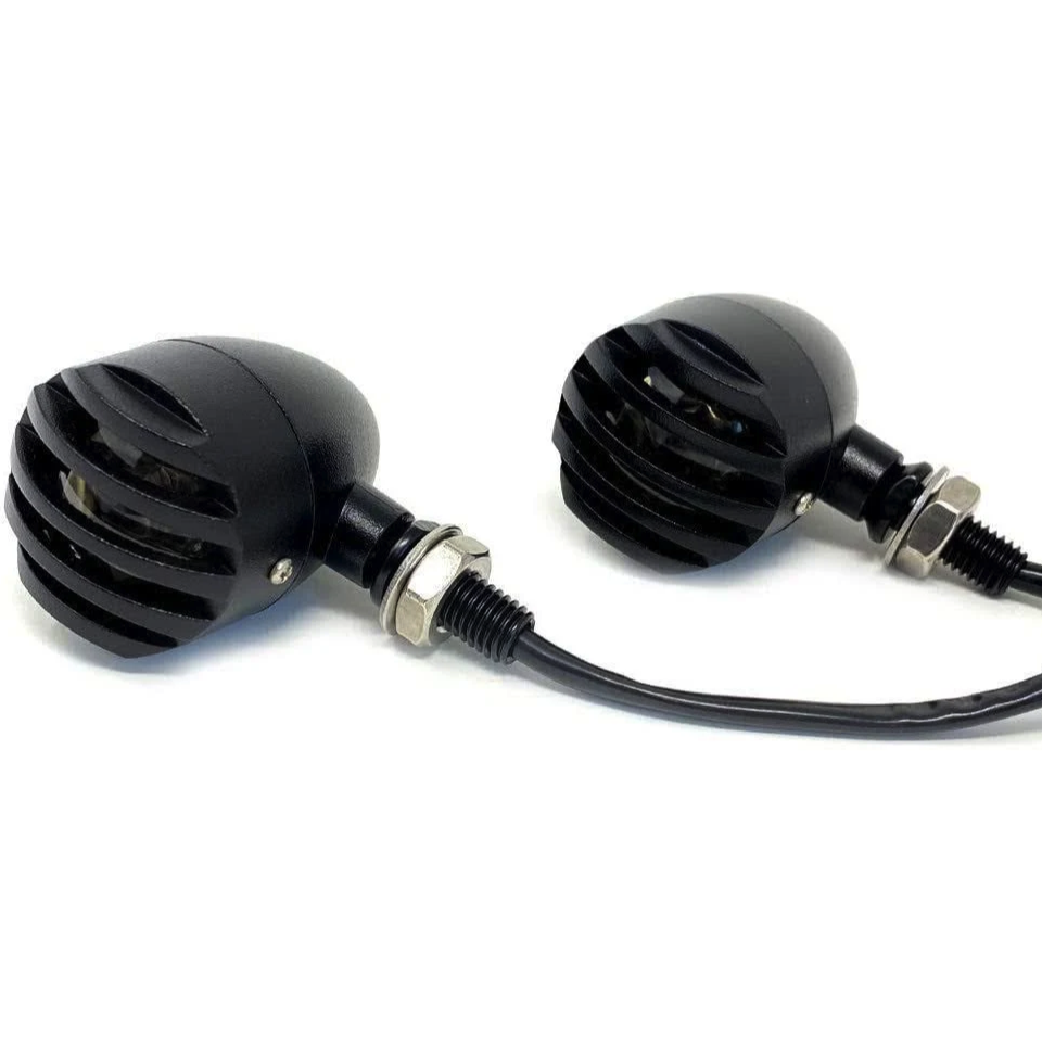 Round Prison Style Crinkle Matt Black Aluminium LED Indicators for Retro Custom Cafe Racer Motorbikes - bikerkart.com