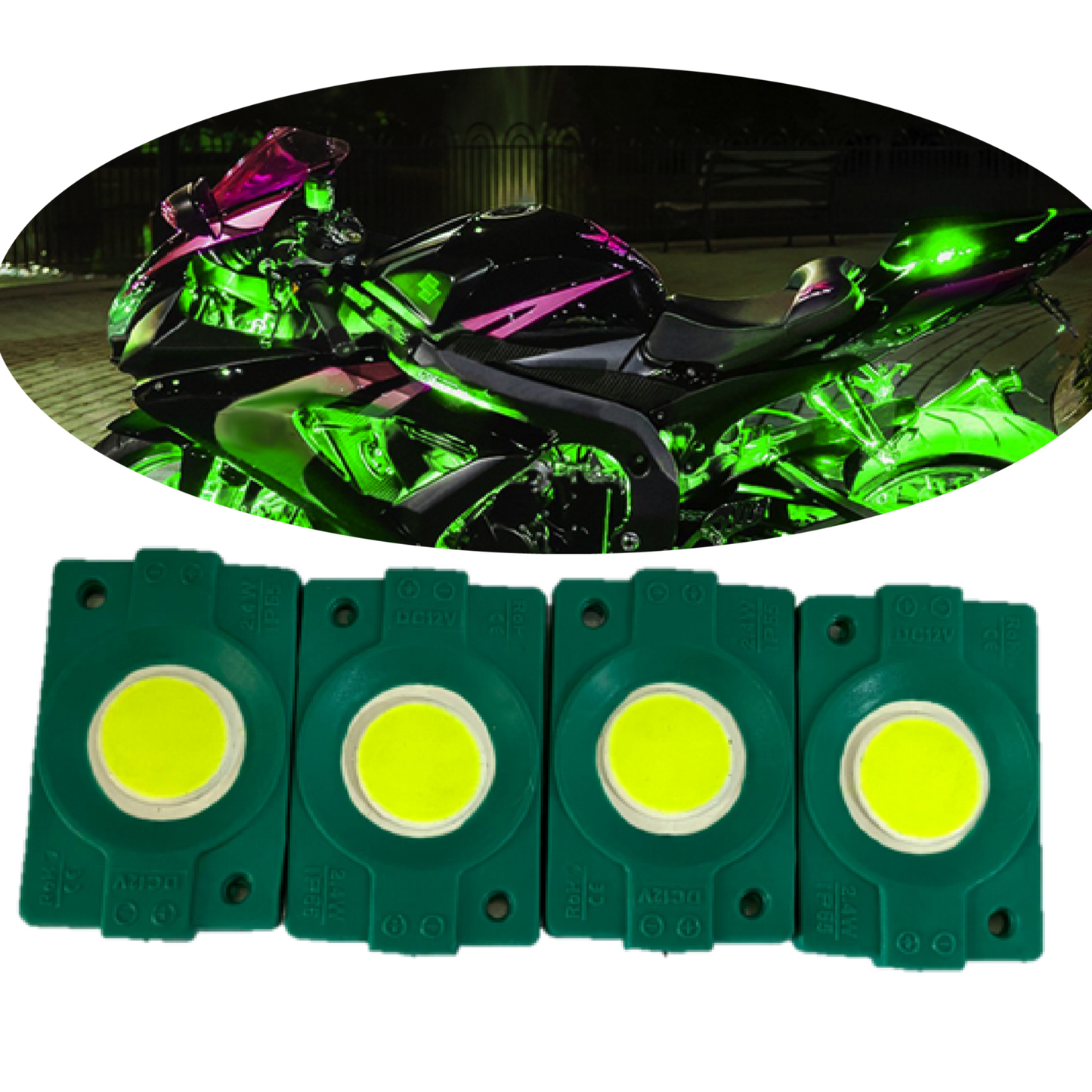 hjg Sunny Day GREEN IMPORTED Underglow PATCH LIGHTS (Front/Rear , Bike Body Lights) - PACK OF 4 - IP65 WATERPROOF DUSTPROOF SHOCKPROOF - Universal Decorative Light for all Motorbike, Car LED - bikerkart.com