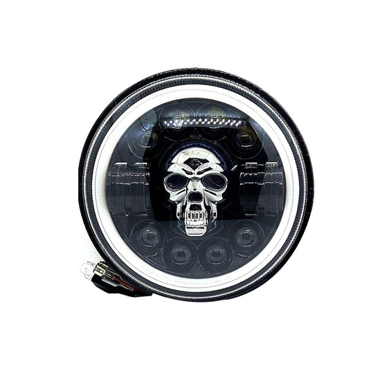 7 Inch Harley Skull Round Led Headlight Fits in Royal Enfield All Models, Mahindra Thar (12V-80V 75w) - bikerkart.com