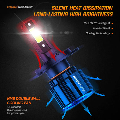 Original Nighteye A315 S4 NEW MODEL 2024 H4 LED Headlight Bulb H4 (Set of 2) For All Motorcycles (Low and High Beam Bulbs (White) 13000 LM 3 Side Chip) - Type H4