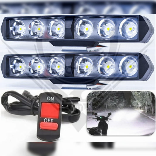 6 LED Bar Foglight Single Row High Bright Original, DC Power Waterproof Off-Roading Fog Head Bar Light For All Bike, Scooty with Free On/Off Switch (White) - Pack of 2 - bikerkart.com