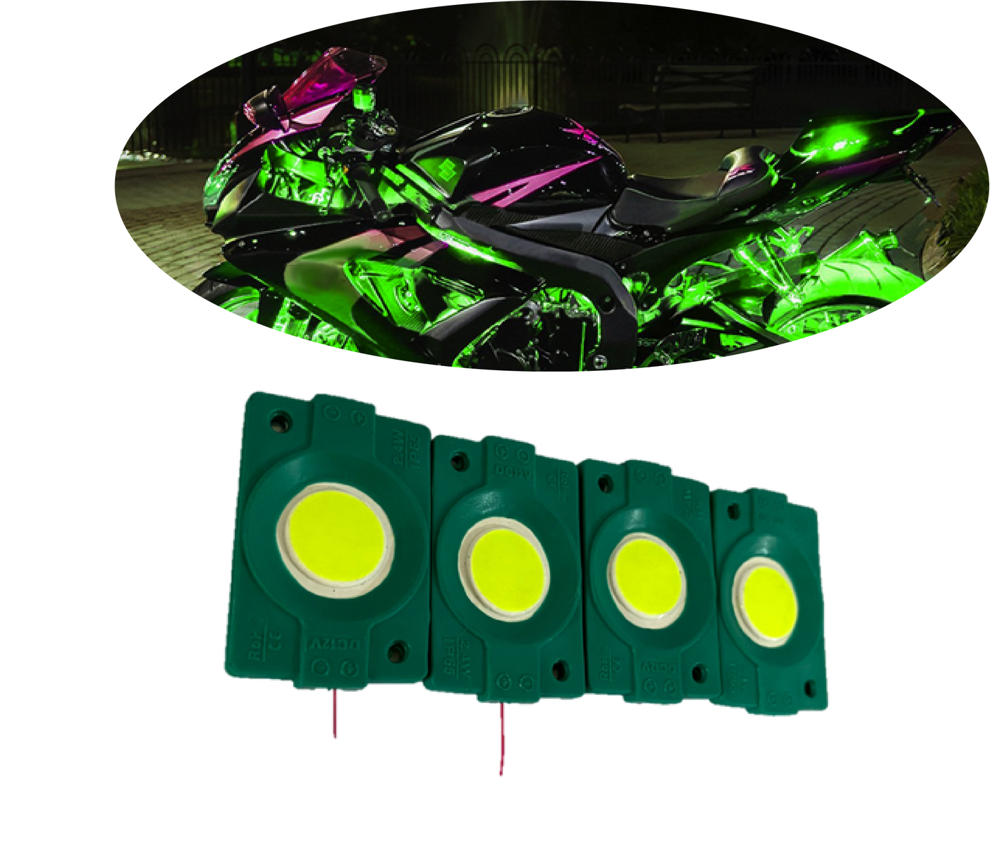 hjg Sunny Day GREEN IMPORTED Underglow PATCH LIGHTS (Front/Rear , Bike Body Lights) - PACK OF 4 - IP65 WATERPROOF DUSTPROOF SHOCKPROOF - Universal Decorative Light for all Motorbike, Car LED  - bikerkart.com